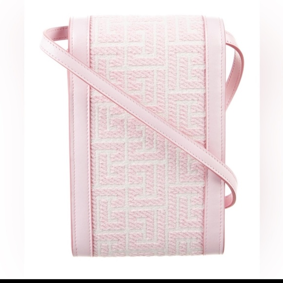 *Balmain* PRISTINE Leather Trimmed Pink Jacquard Canvas Monogram Crossbody - Picture 7 of 13
